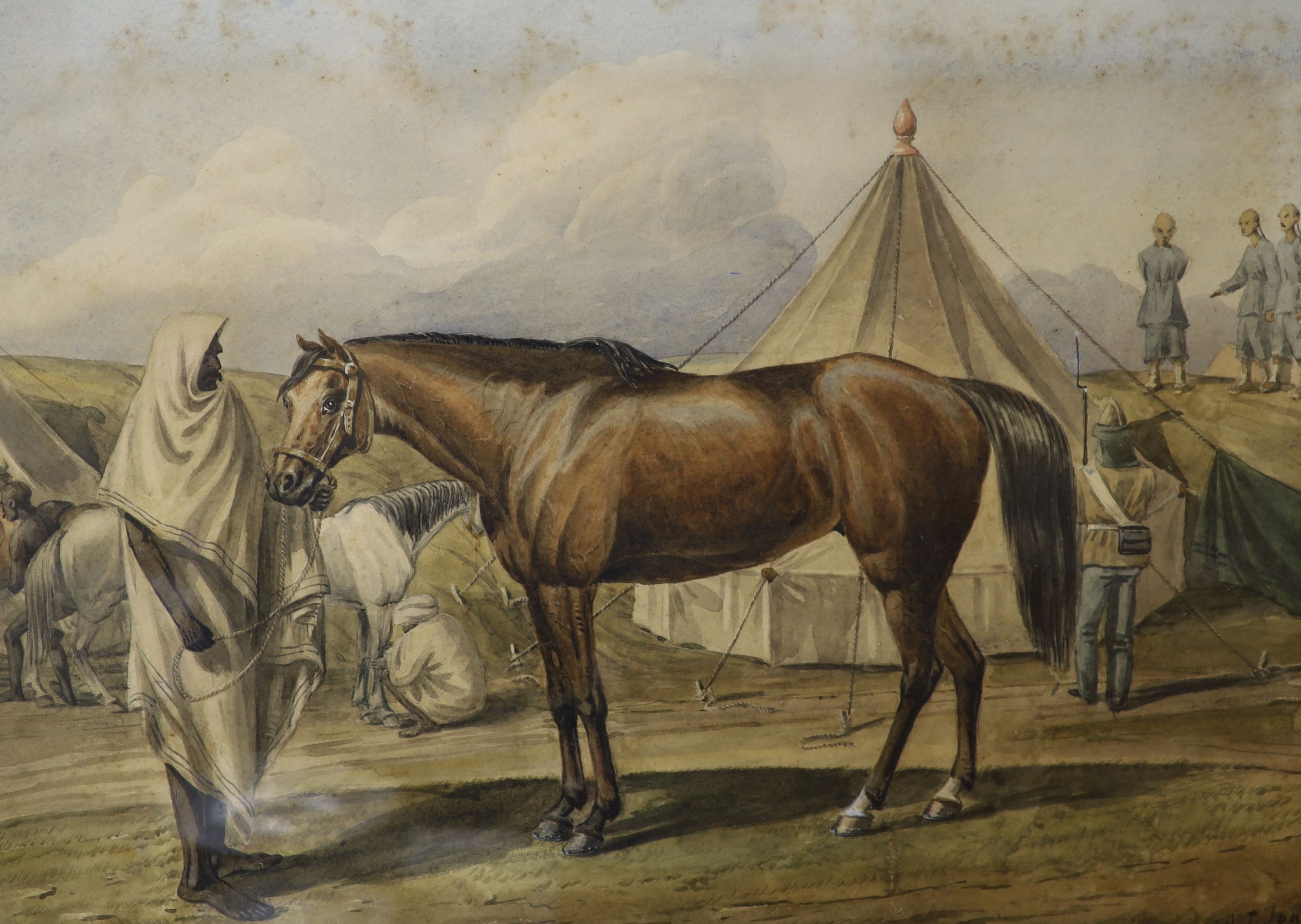 O.J.Jones (19th C.), watercolour, Arab horse in an English army camp, Chinese figures on the hillside, signed and dated 186.., 34 x 48cm.